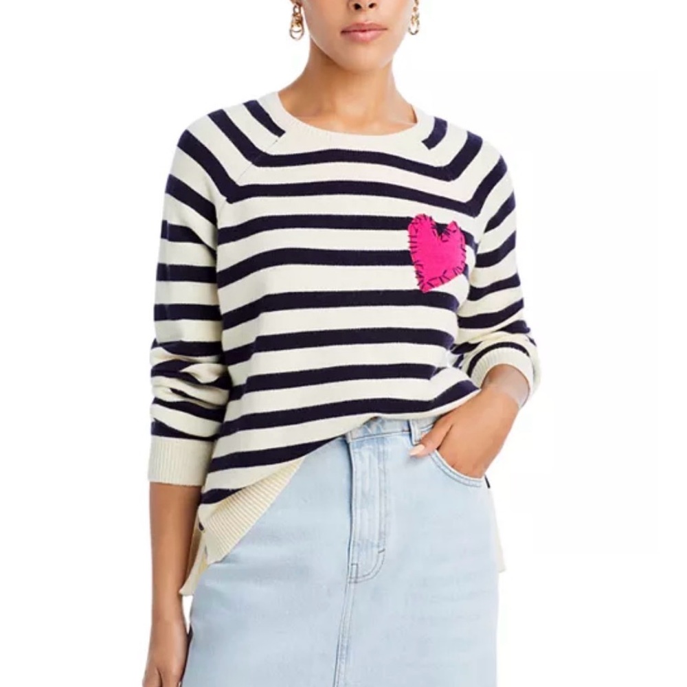 Aqua x Kerri Rosenthal Pink Heart Appliqué Sweater Button Detail Navy White